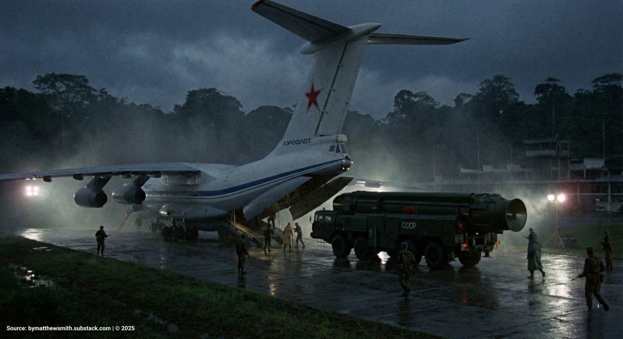 Cinematic illustration of a Soviet IL-76 cargo plane at night on a wet runway at Zanderij International Airport, Suriname. The rear ramp is down, deploying an SS-20 mobile ballistic missile launcher under floodlights during a 1982 covert operation.