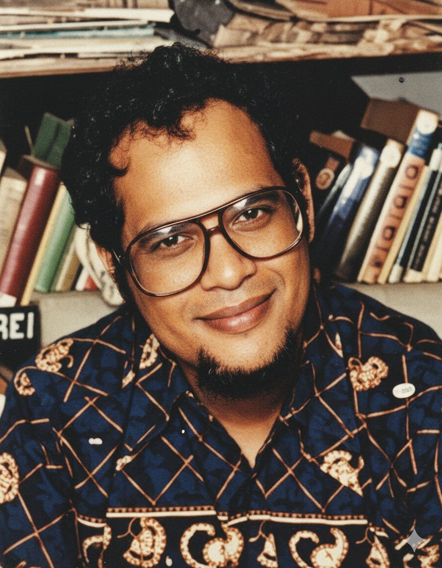 Colorized portrait of Professor Indradj "Baal" Oemrawsingh, the key figure in the 1982 Suriname Temple Plot.