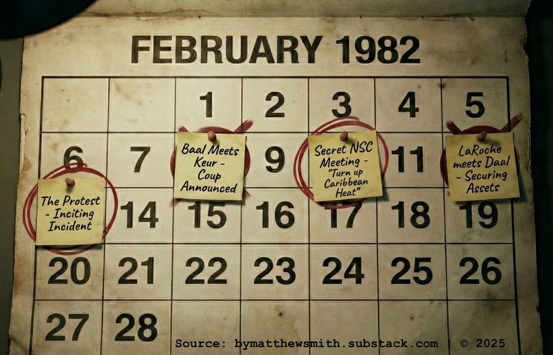 A gritty, noir-style calendar graphic for February 1982 tracking the Rambocus Coup timeline. Red marker circles and yellow sticky notes highlight key events, including a secret NSC meeting on the 10th and the inciting protest on February 13th