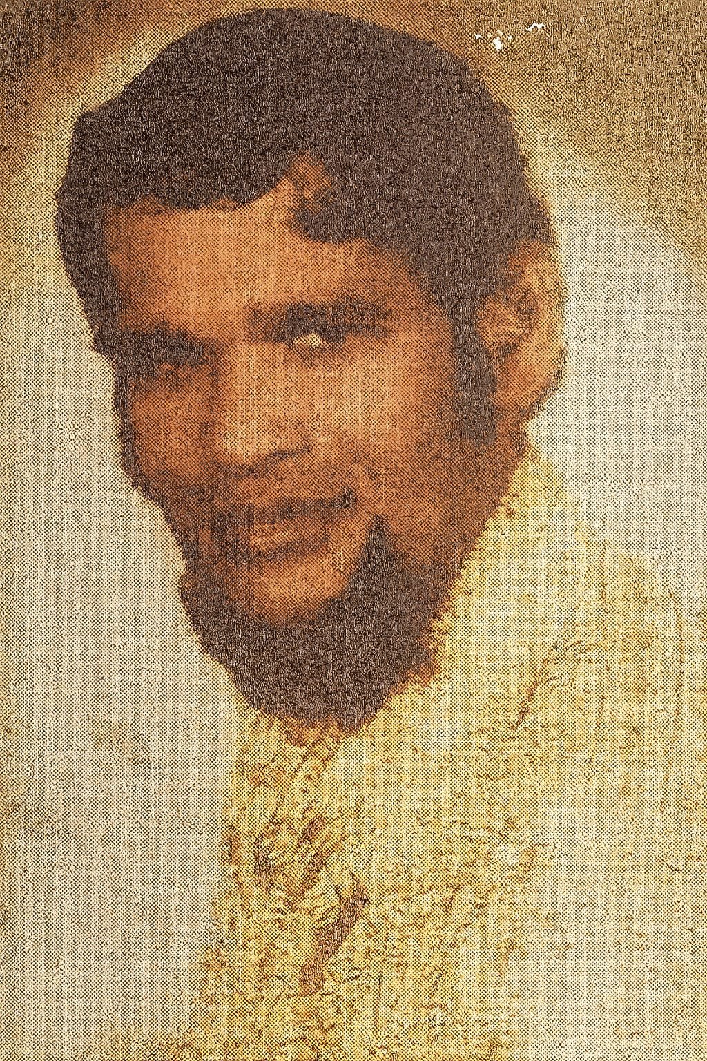 Grainy, high-contrast archival portrait of Professor Indradj "Baal" Oemrawsingh, illustrating his "other face" as a political street fighter and alleged arsonist.