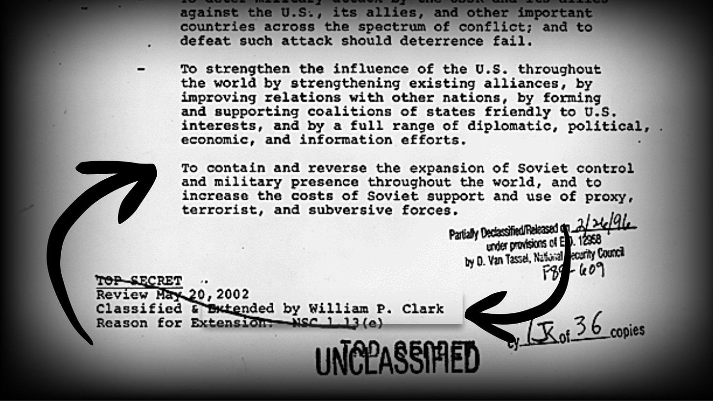 Declassified excerpt of NSDD-32 outlining the Reagan administration's strategy to reverse Soviet influence through covert action.