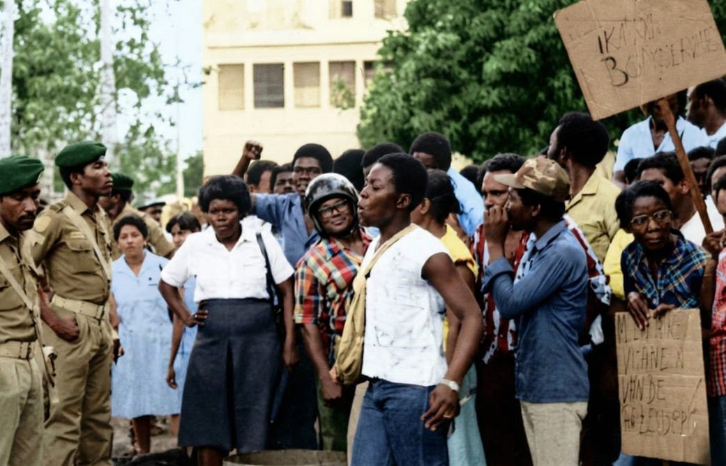 Crowd gathering at Moederbond headquarters in Paramaribo for the February 1982 anti-government protest led by Cyril Daal.