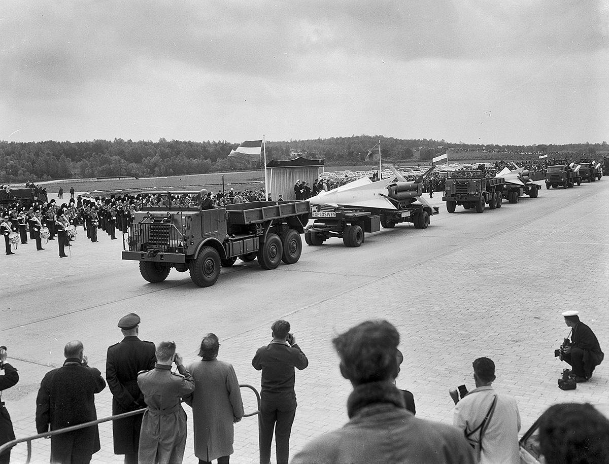 Two nuclear-capable “Nike Hercules” air defense systems assigned to Dutch forces, shown in a military parade Two nuclear-capable “Nike Hercules” air defense systems assigned to Dutch forces, shown in a military parade