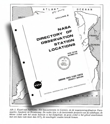 Composite image showing the cover of a 1973 NASA document titled 'Directory of Observation Station Locations' overlaid on a vintage map of Suriname, illustrating the U.S. geodetic mission in the country. Composite image showing the cover of a 1973 NASA document titled 'Directory of Observation Station Locations' overlaid on a vintage map of Suriname, illustrating the U.S. geodetic mission in the country.