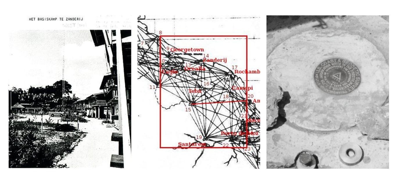 A black and white triptych showing three panels: left, a photo of the Zanderij base camp with buildings and trees; center, a map showing the triangular HIRAN geodetic survey network across South America; right, a close-up photo of a circular brass U.S. Coast & Geodetic Survey marker embedded in concrete. A black and white triptych showing three panels: left, a photo of the Zanderij base camp with buildings and trees; center, a map showing the triangular HIRAN geodetic survey network across South America; right, a close-up photo of a circular brass U.S. Coast & Geodetic Survey marker embedded in concrete.