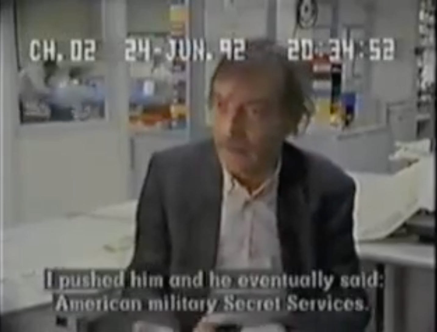 Screenshot from the 1992 BBC Timewatch documentary "Operation Gladio" featuring journalist Jean-Claude Garot. The subtitle reads: "I pushed him and he eventually said: American military Secret Services," referring to his inquiry into Paul Latinus and the origins of Gladio cells. Screenshot from the 1992 BBC Timewatch documentary "Operation Gladio" featuring journalist Jean-Claude Garot. The subtitle reads: "I pushed him and he eventually said: American military Secret Services," referring to his inquiry into Paul Latinus and the origins of Gladio cells.