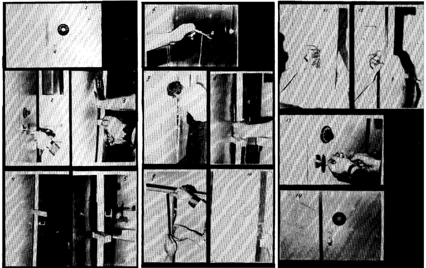 A collage of twelve black-and-white instructional photographs showing hands manipulating various door locks and keyholes with specialized tools. The images are part of a training manual for the 450 Contra-Inlichtingen Detachement, illustrating surreptitious entry techniques used by Dutch military intelligence during the 1980s A collage of twelve black-and-white instructional photographs showing hands manipulating various door locks and keyholes with specialized tools. The images are part of a training manual for the 450 Contra-Inlichtingen Detachement, illustrating surreptitious entry techniques used by Dutch military intelligence during the 1980s