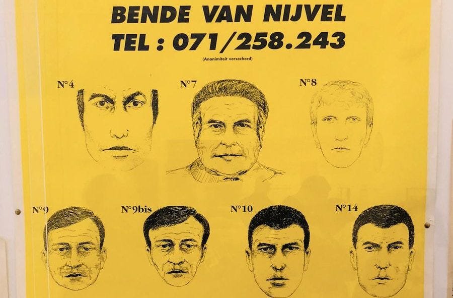 A yellow "Bende van Nijvel" wanted poster featuring seven police composite sketches of suspects. The poster includes a prominent telephone number for tips. The surrounding text in the article describes the gang's lethal precision and their suspected connection to clandestine intelligence networks and the "Strategy of Tension" in Belgium. A yellow "Bende van Nijvel" wanted poster featuring seven police composite sketches of suspects. The poster includes a prominent telephone number for tips. The surrounding text in the article describes the gang's lethal precision and their suspected connection to clandestine intelligence networks and the "Strategy of Tension" in Belgium.