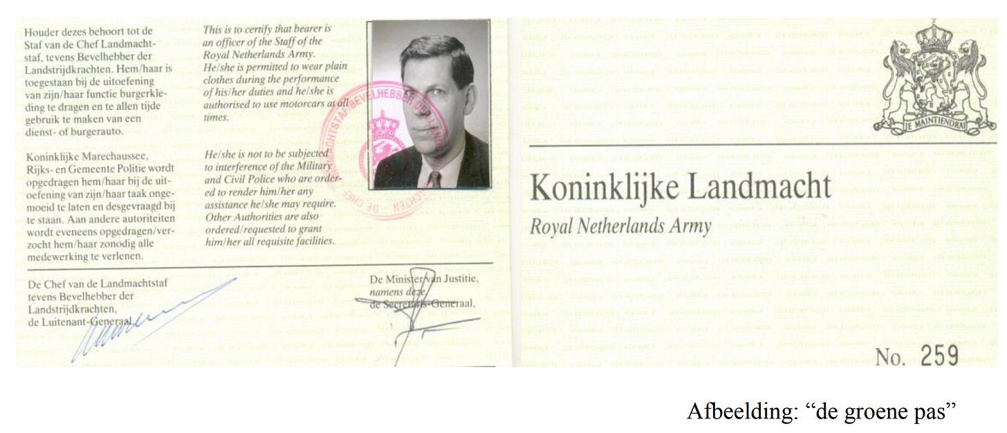 A photograph of a Dutch identification card titled "de groene pas" featuring a passport-style photo of a man, official stamps, and text in Dutch and English from the Royal Netherlands Army (Koninklijke Landmacht). A photograph of a Dutch identification card titled "de groene pas" featuring a passport-style photo of a man, official stamps, and text in Dutch and English from the Royal Netherlands Army (Koninklijke Landmacht).