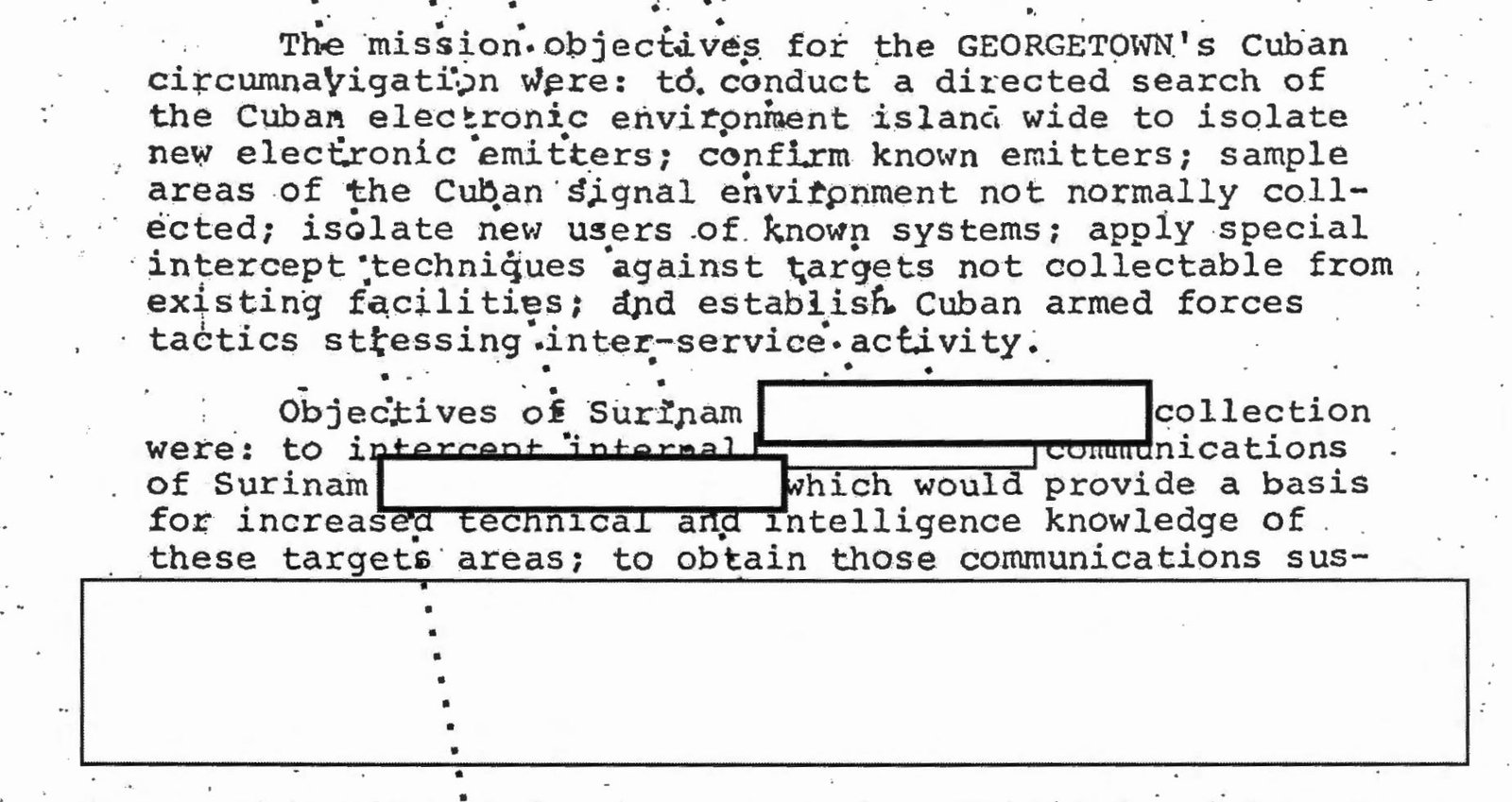 Declassified NSA document page 37 (PDF page 45) titled 'Objectives of Surinam collection.' The text describes the mission to intercept internal communications for increased technical and intelligence knowledge of target areas, with several lines of specific targets redacted. Declassified NSA document page 37 (PDF page 45) titled 'Objectives of Surinam collection.' The text describes the mission to intercept internal communications for increased technical and intelligence knowledge of target areas, with several lines of specific targets redacted.