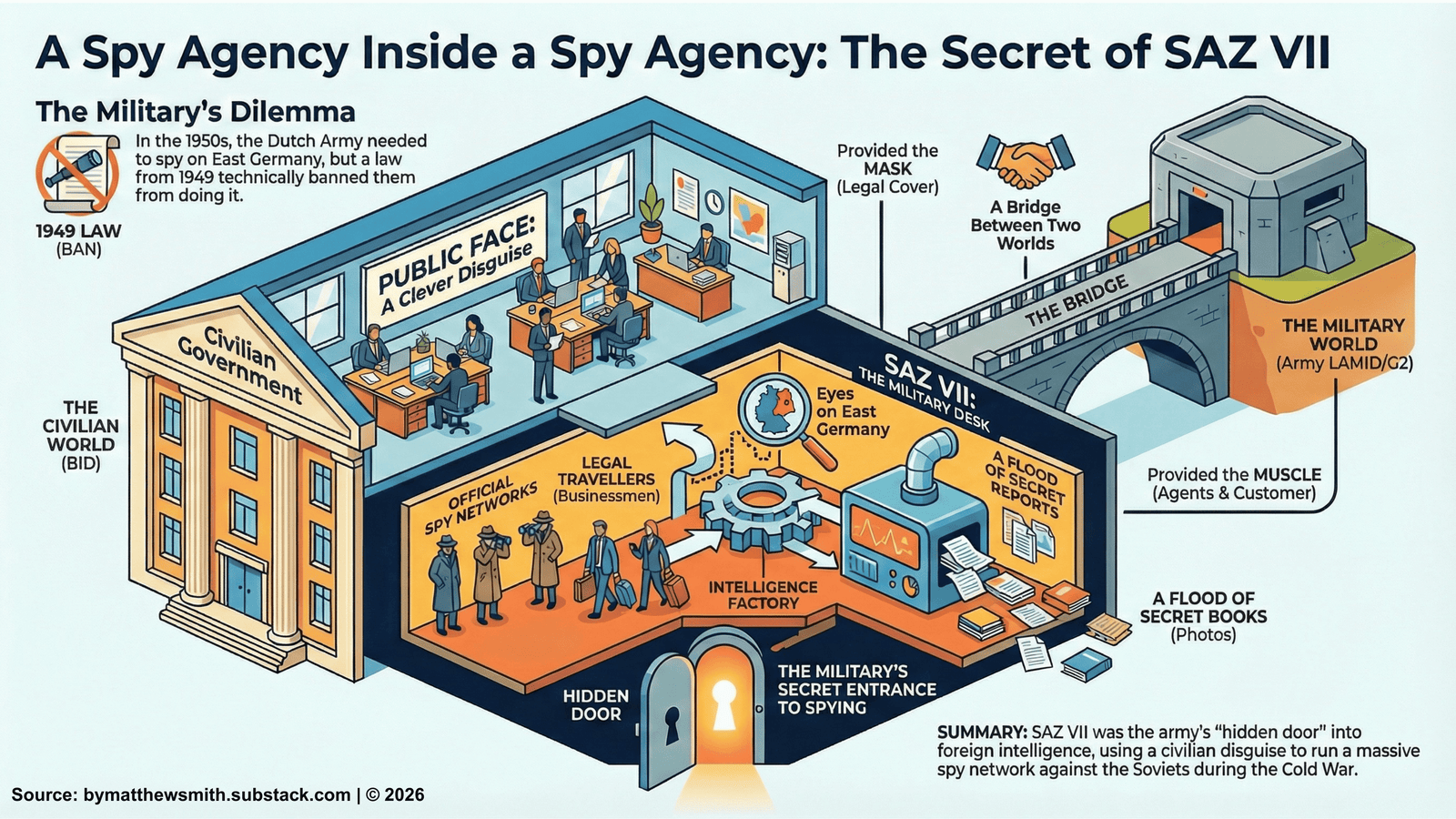 An infographic titled 'A Spy Agency Inside a Spy Agency: The Secret of SAZ VII.' The visual uses a cutaway building metaphor to show a hidden industrial-style basement labeled 'The Military Desk' operating beneath a mundane 'Civilian Government' office. It illustrates the 'Military's Dilemma' of the 1949 law banning them from foreign spying and how SAZ VII provided the 'mask' of legal cover. The graphic maps the 'Intelligence Factory' where data from official spy networks and legal travellers (businessmen) was processed into a flood of secret reports and photo books for the 'Military World (Army LAMID/G2) An infographic titled 'A Spy Agency Inside a Spy Agency: The Secret of SAZ VII.' The visual uses a cutaway building metaphor to show a hidden industrial-style basement labeled 'The Military Desk' operating beneath a mundane 'Civilian Government' office. It illustrates the 'Military's Dilemma' of the 1949 law banning them from foreign spying and how SAZ VII provided the 'mask' of legal cover. The graphic maps the 'Intelligence Factory' where data from official spy networks and legal travellers (businessmen) was processed into a flood of secret reports and photo books for the 'Military World (Army LAMID/G2)