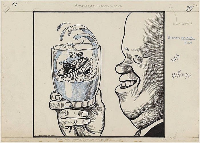 A black and white political cartoon from 1958 titled 'Storm in een glas wodka.' It depicts a giant hand holding a glass containing a miniature boat with figures representing the CPN leadership struggling in turbulent liquid. A large caricature of a man's face watches the 'storm' with a wide grin. The image serves as a historical example of the BVD's 1957 psychological warfare campaign where fabricated materials were used to create public political discord. A black and white political cartoon from 1958 titled 'Storm in een glas wodka.' It depicts a giant hand holding a glass containing a miniature boat with figures representing the CPN leadership struggling in turbulent liquid. A large caricature of a man's face watches the 'storm' with a wide grin. The image serves as a historical example of the BVD's 1957 psychological warfare campaign where fabricated materials were used to create public political discord.