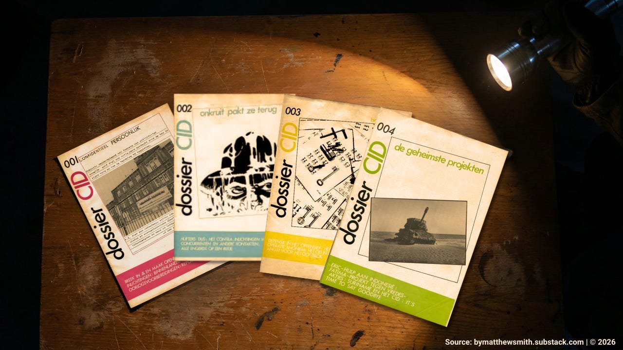 Reconstruction of leaked Dutch military intelligence files on a rustic table. The folders are fanned out in a spotlight. Visible titles include "onkruit pakt ze terug" (dossier 002) and "de geheimste projekten" (dossier 004), referencing the mid-1980s Onkruit activist leaks. Reconstruction of leaked Dutch military intelligence files on a rustic table. The folders are fanned out in a spotlight. Visible titles include "onkruit pakt ze terug" (dossier 002) and "de geheimste projekten" (dossier 004), referencing the mid-1980s Onkruit activist leaks.