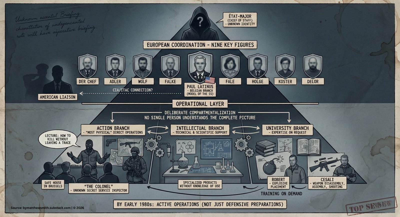 A detailed organizational infographic titled 'European Coordination - Nine Key Figures' showing a pyramid-style hierarchy for the WNP. It features a 'Chief of Staff' with an unknown identity at the top, followed by regional coordinators like Paul Latinus, and an 'Operational Layer' with three distinct branches: Action, Intellectual, and University. Illustrations depict safe house lectures, chemical laboratories, and weapons training. A detailed organizational infographic titled 'European Coordination - Nine Key Figures' showing a pyramid-style hierarchy for the WNP. It features a 'Chief of Staff' with an unknown identity at the top, followed by regional coordinators like Paul Latinus, and an 'Operational Layer' with three distinct branches: Action, Intellectual, and University. Illustrations depict safe house lectures, chemical laboratories, and weapons training.